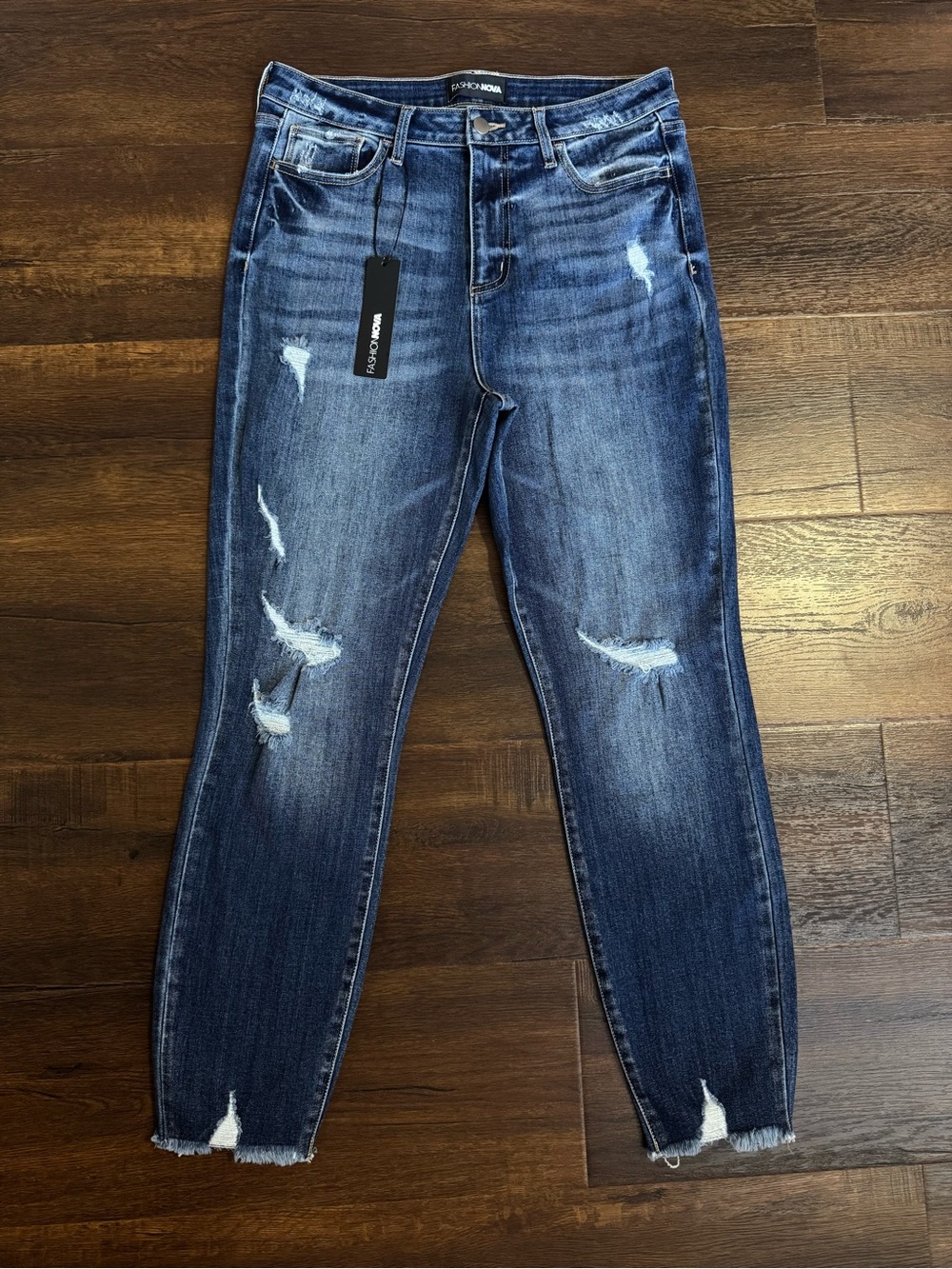 Fashion Nova Distressed Dark Blue Ankle Jeans